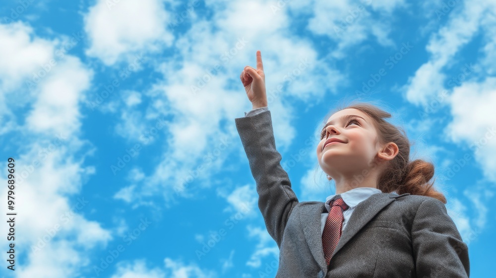 A young girl in a business suit pointing upward against a bright blue sky with clouds, symbolizing ambition, dreams, and limitless possibilities. A young girl in a business suit pointing upward against a bright blue sky with clouds, symbolizing ambition, dreams, and limitless possibilities.