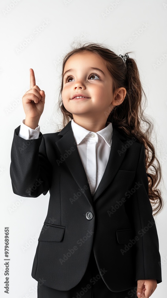 A confident young girl in a black business suit pointing upward with a bright, inspired expression. This image symbolizes innovation, ambition, and future leadership. A confident young girl in a black business suit pointing upward with a bright, inspired expression. This image symbolizes innovation, ambition, and future leadership.