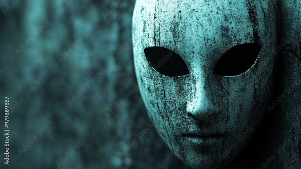 A mask with a face on it is shown in a dark blue background A mask with a face on it is shown in a dark blue background