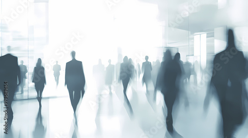 Blurred business people in white glass office background. Shadowy. Illustration