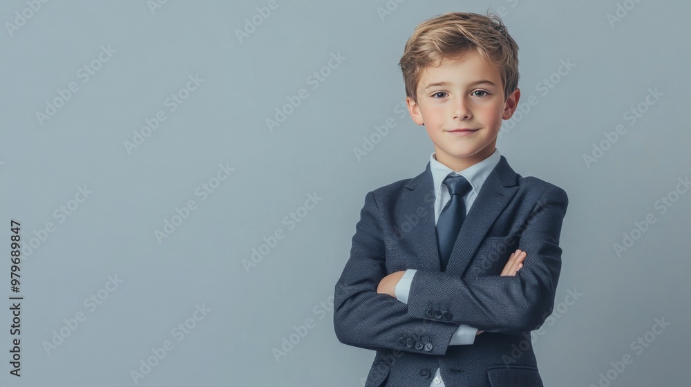 A self-assured young boy in a tailored suit stands with crossed arms, embodying ambition and leadership against a sleek blue background. A self-assured young boy in a tailored suit stands with crossed arms, embodying ambition and leadership against a sleek blue background.