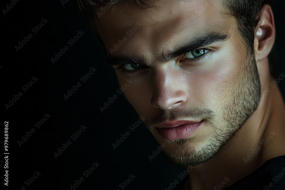 Obraz premium Close-up portrait of a handsome man with intense eyes, dark background, highlighting attractive facial features and piercing gaze.