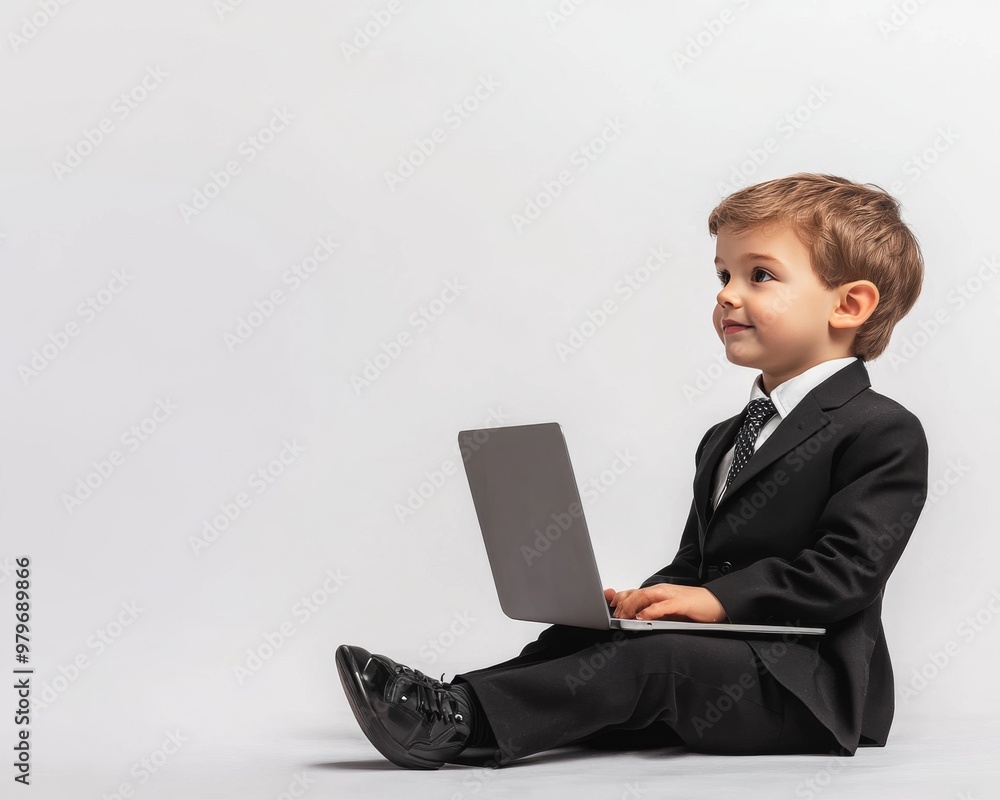 A charming young boy dressed in a black suit sitting on the floor with a laptop, symbolizing curiosity, learning, and future ambition in a minimalist setting. A charming young boy dressed in a black suit sitting on the floor with a laptop, symbolizing curiosity, learning, and future ambition in a minimalist setting.