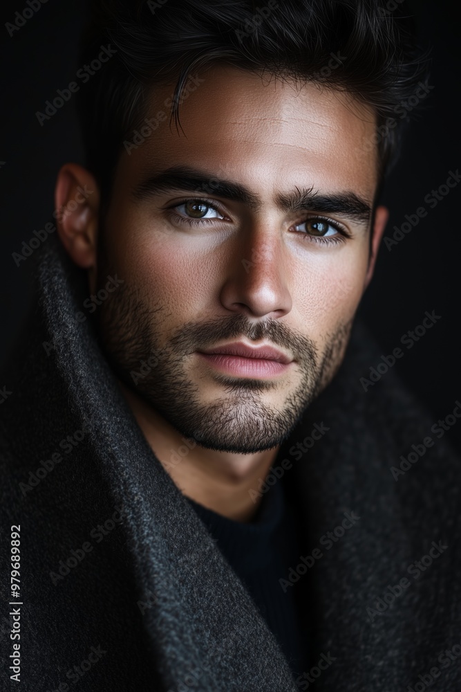 Close-up of a confident young man with a beard, piercing eyes, and a dark coat against a dark background. Close-up of a confident young man with a beard, piercing eyes, and a dark coat against a dark background.
