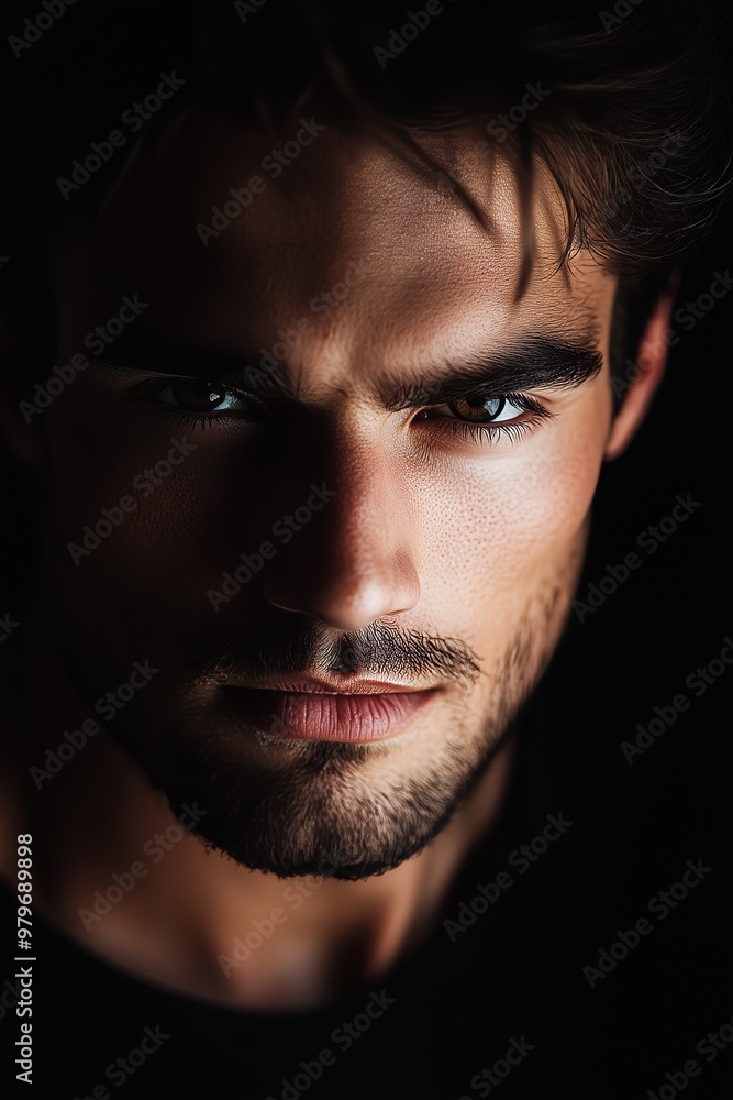 Close-up shot of a serious man's face with intense expression and dramatic lighting, emphasizing strong features. Close-up shot of a serious man's face with intense expression and dramatic lighting, emphasizing strong features.