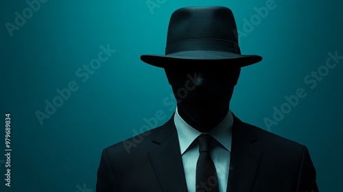 A man in a suit and hat is standing in front of a blue background