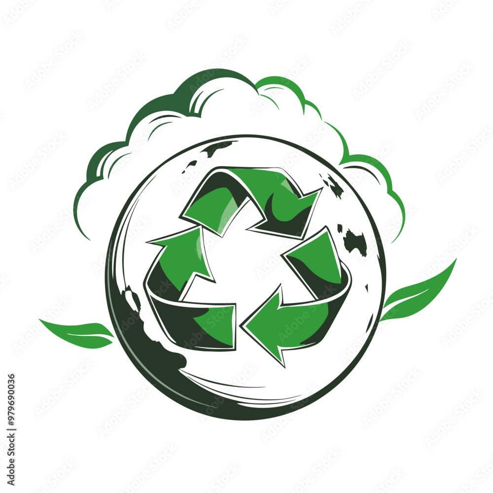 Obraz premium Recycling symbol over a green globe with leaves representing environmental conservation 