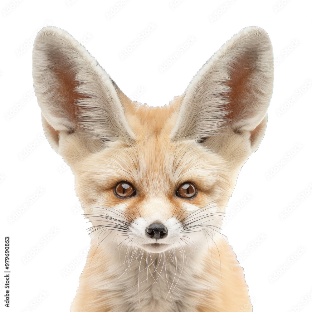 Obraz premium Headshot of a fennec fox with large ears looking attentive on a white background