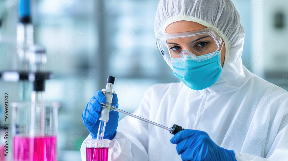 A lab technician in protective gear operates advanced gene editing tools, showcasing precision and safety in a cutting-edge biotechnology lab environment.