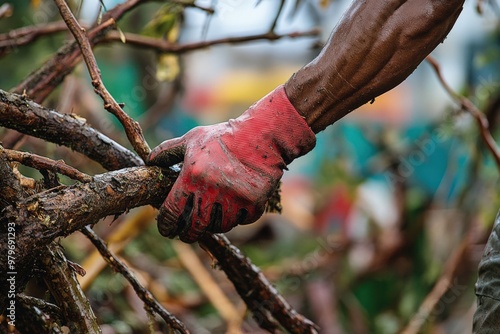 In The Aftermath: Man in Red Safety Gloves Clearing Tree Branches After Stormy Weather