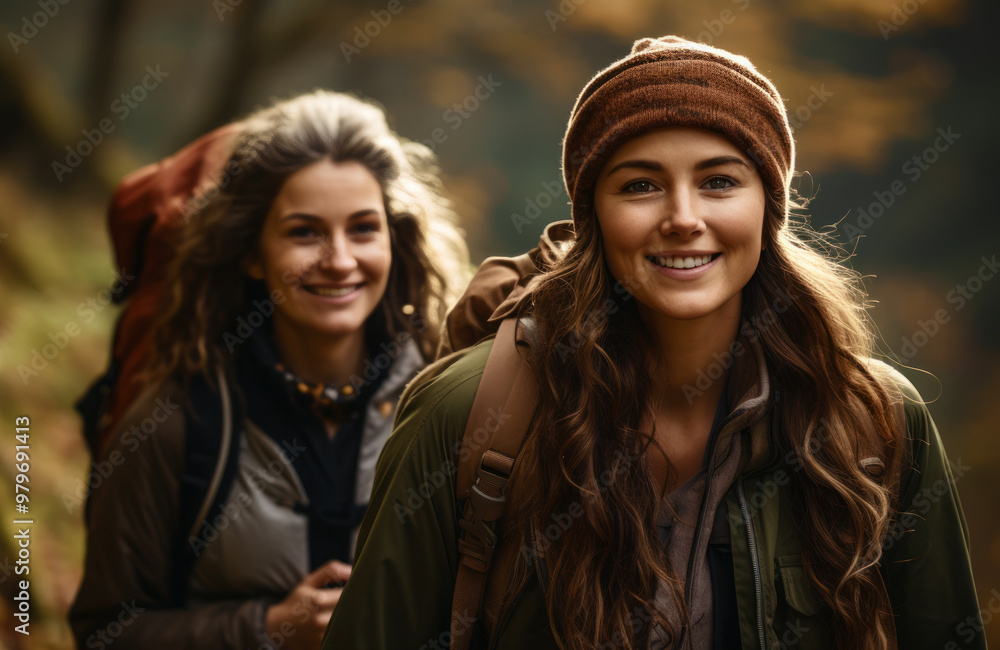 Young and older woman smiling while hiking in the mountains Young and older woman smiling while hiking in the mountains
