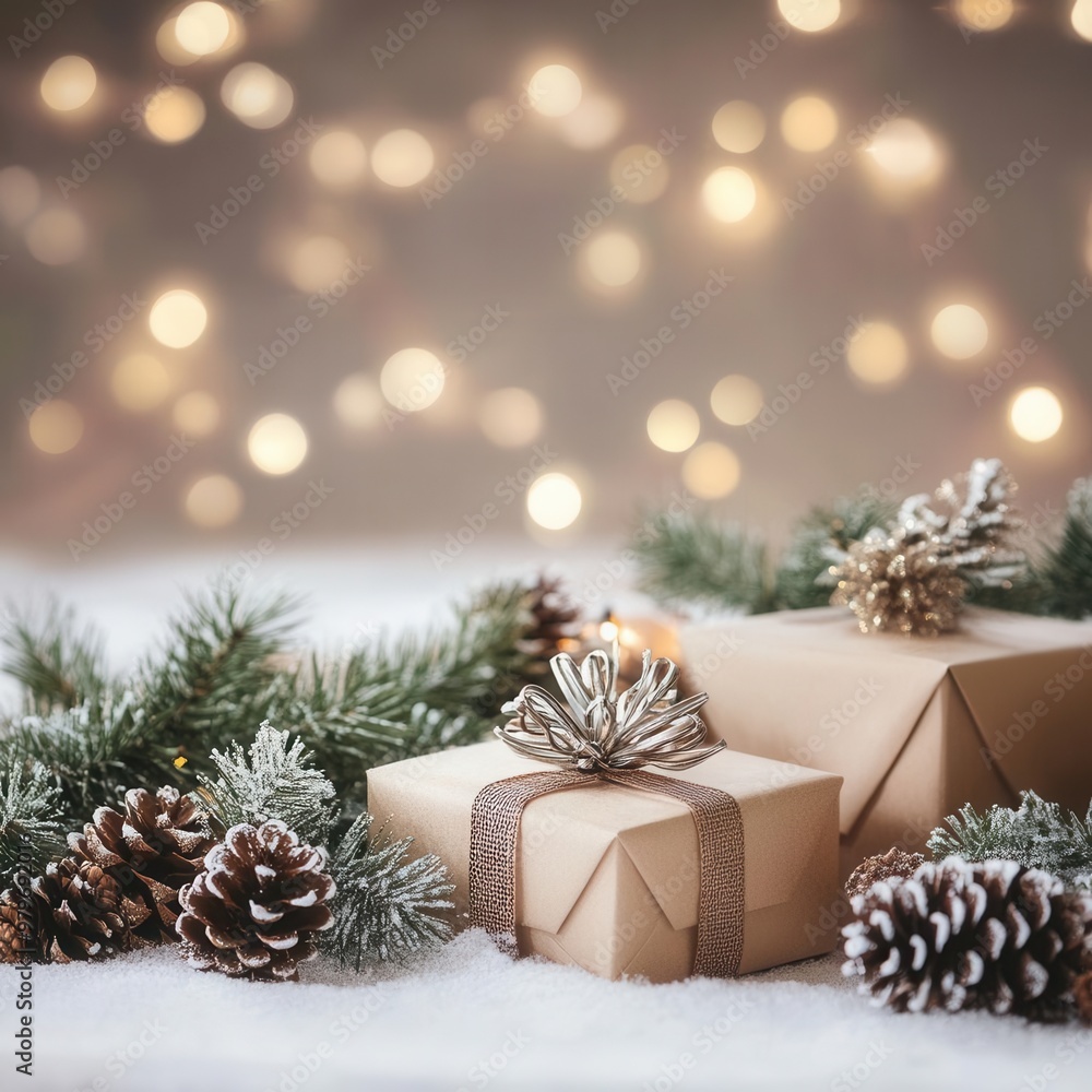 Festive Christmas and New Year background featuring gift boxes, pine cones, and evergreen branches Festive Christmas and New Year background featuring gift boxes, pine cones, and evergreen branches