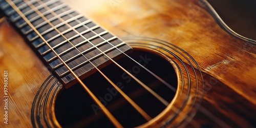 Close-up view of an acoustic guitar focusing on the strings and wooden body, showcasing the texture and design details.