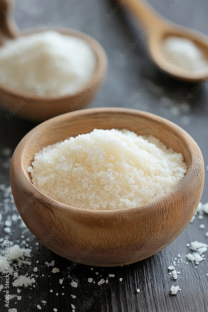 Wooden bowl filled with coarse salt, accompanied by a wooden spoon, on a dark wooden table surface, neatly presented. Wooden bowl filled with coarse salt, accompanied by a wooden spoon, on a dark wooden table surface, neatly presented.