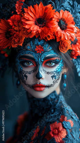 An artistic portrait of a woman adorned with flowers and vibrant makeup, celebrating cultural traditions.