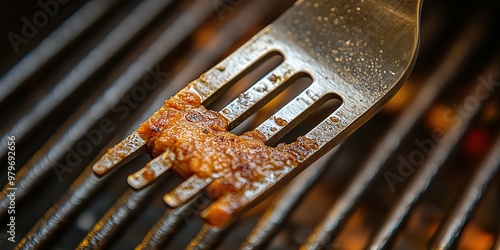 A close-up view of a fork with remnants of grilled food, resting on a greasy barbecue grill with char marks. photo