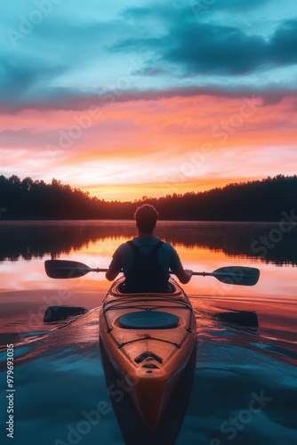 A man kayaking in water at sunset photo