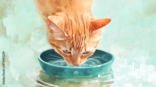 A close-up of an orange cat drinking water from a turquoise bowl, showcasing its beautiful fur and curious nature. photo