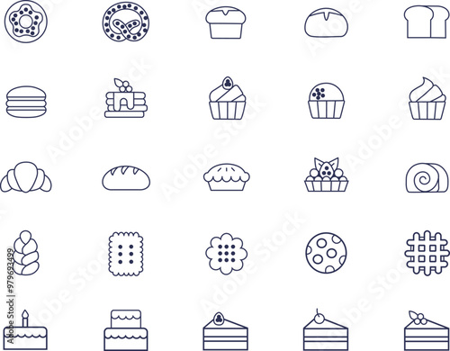 food icons, a collection with Donut, pretzel, muffin, bread loaf, sliced bread, macaron, pancakes, cupcake, decorated cupcake, frosting cupcake, croissant, baguette