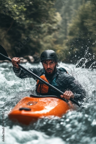 A kayaker rafting struggling with water splashes in boat in rapid river in mountain