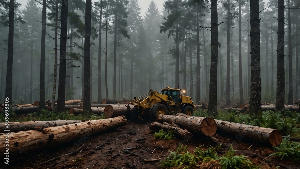 Early morning logging operation with workers and machinery in a foggy forest. Early morning logging operation with workers and machinery in a foggy forest.