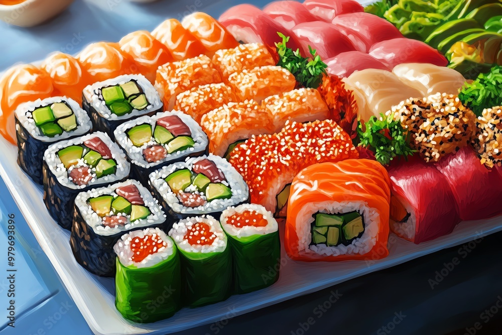 Colorful sushi platter featuring various rolls, fresh fish, and vibrant ingredients, perfect for culinary delights and food photography. Colorful sushi platter featuring various rolls, fresh fish, and vibrant ingredients, perfect for culinary delights and food photography.