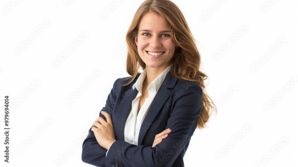 A smiling businesswoman, arms crossed, stylish attire in navy blue and white, side view, product fully visible, pure white background. A smiling businesswoman, arms crossed, stylish attire in navy blue and white, side view, product fully visible, pure white background.