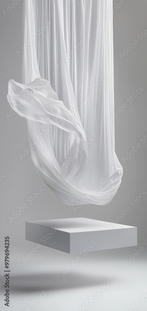 A floating display platform surrounded by airy, flowing silk, perfect for showcasing exclusive products in an elegant, minimalist environment. A floating display platform surrounded by airy, flowing silk, perfect for showcasing exclusive products in an elegant, minimalist environment.