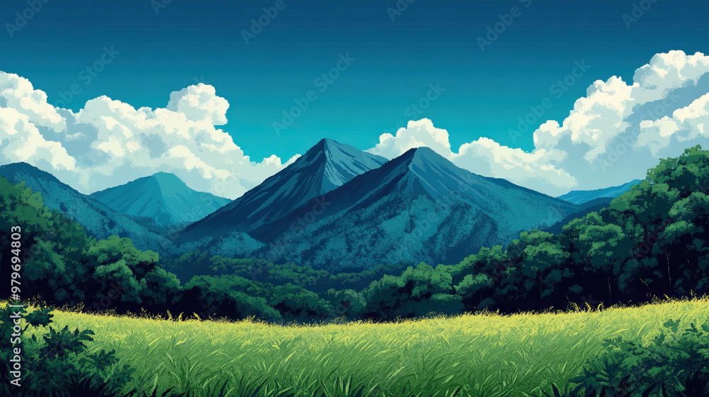 Fototapeta premium A serene landscape featuring majestic mountains, lush grass, and a clear blue sky, perfect for nature enthusiasts and adventurers.
