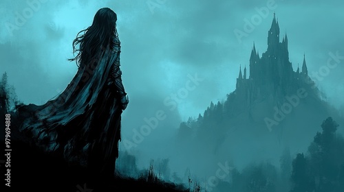 A warrior girl with long dark hair wearing a dark, cloak looks out at a foggy, ancient castle under a stormy sky, creating a powerful and mysterious fantasy scene. photo