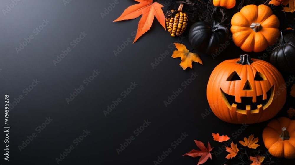A black and orange pumpkin with a smiley face on it sits on a black background A black and orange pumpkin with a smiley face on it sits on a black background