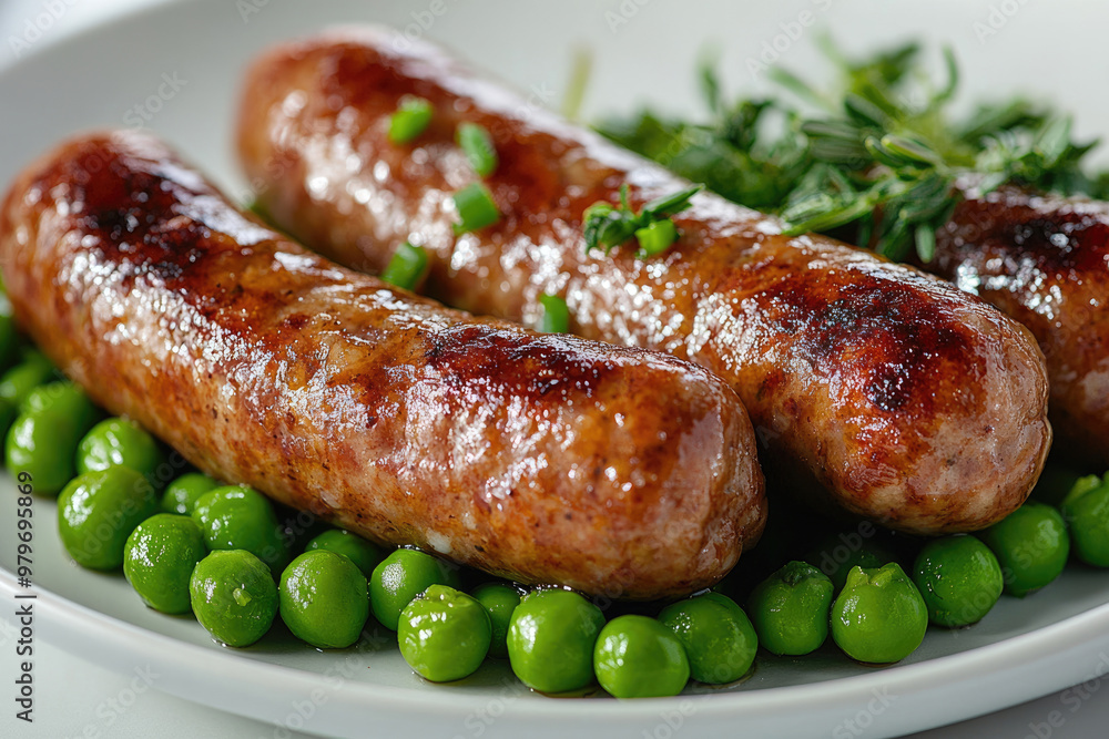 Appetizing sausages with green peas on a plate Appetizing sausages with green peas on a plate