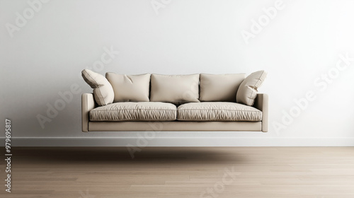 Minimalist interior with a beige sofa floating above a hardwood floor against a plain white wall.