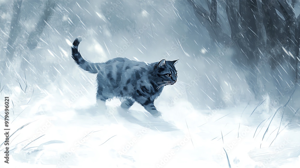 A sleek cat navigates through a snowy landscape, showcasing its resilience against harsh winter conditions. A sleek cat navigates through a snowy landscape, showcasing its resilience against harsh winter conditions.