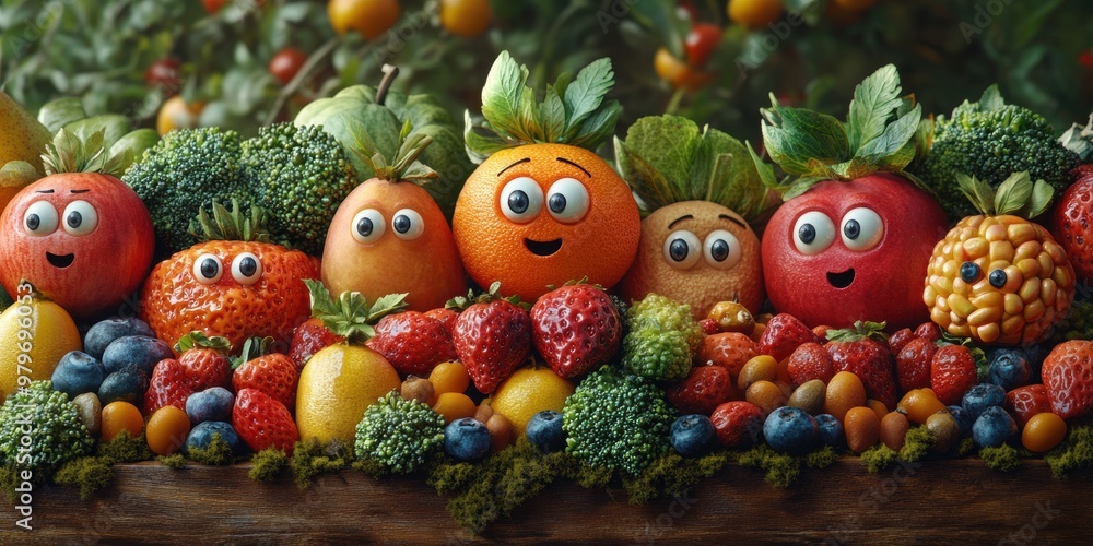 An imaginative urban scene where friendly fruits and veggies with unique personalities create a lively environment An imaginative urban scene where friendly fruits and veggies with unique personalities create a lively environment