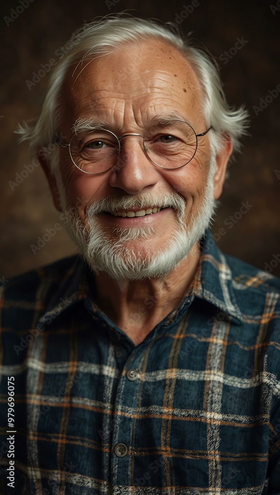 Elderly man with a white beard and plaid shirt smiling warmly, reflecting on life. Elderly man with a white beard and plaid shirt smiling warmly, reflecting on life.