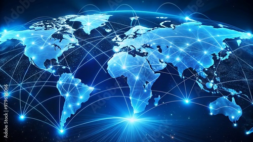 Abstract Global Network with a Luminous World Map and Detailed Data Transfer Connections, Depicting Seamless International Connectivity