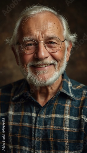 Elderly man with a white beard and plaid shirt smiling warmly, reflecting on life.