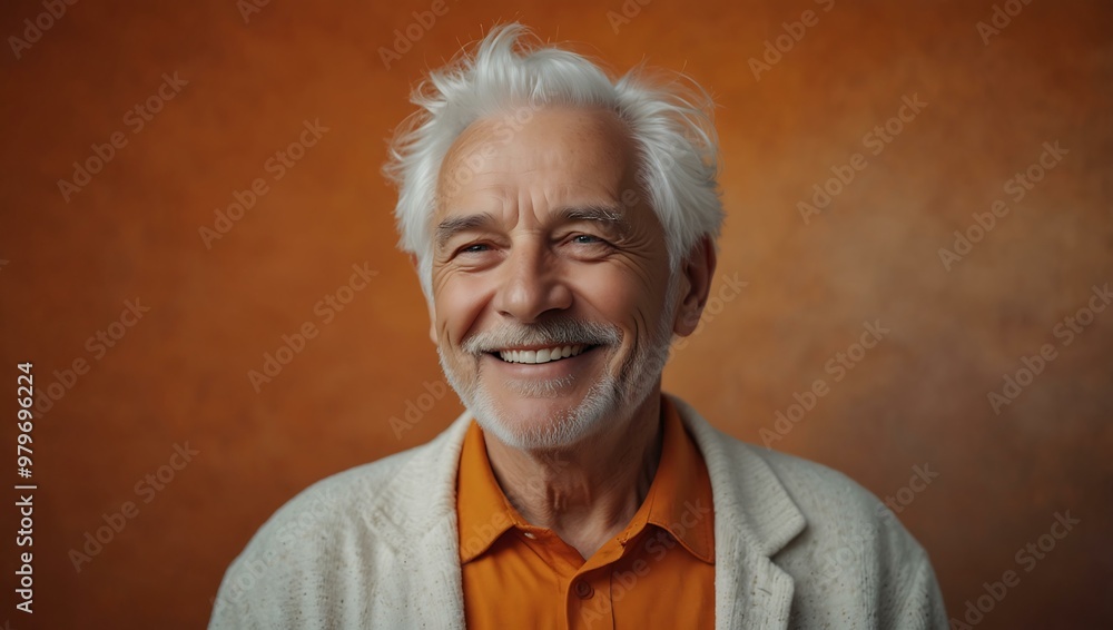 Elderly man with white hair, smiling against a vibrant orange backdrop, copy space Elderly man with white hair, smiling against a vibrant orange backdrop, copy space