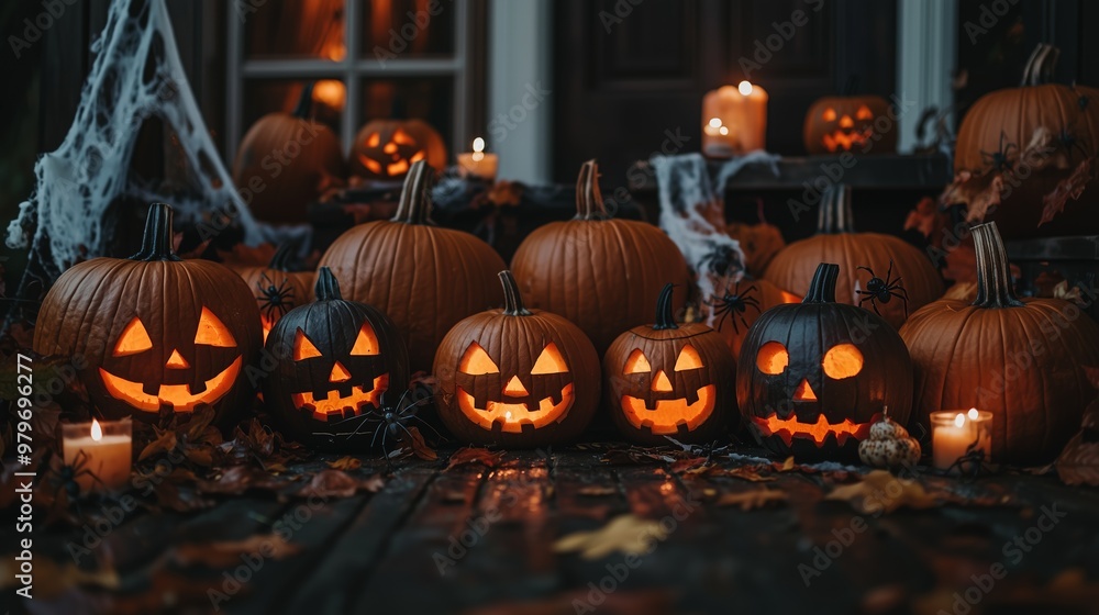Various carved pumpkin jack-o'-lanterns illuminated by candles, surrounded by autumn leaves and spiders for Halloween decoration. Various carved pumpkin jack-o'-lanterns illuminated by candles, surrounded by autumn leaves and spiders for Halloween decoration.