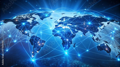 Abstract Global Network with a Luminous World Map and Detailed Data Transfer Connections, Depicting Seamless International Connectivity