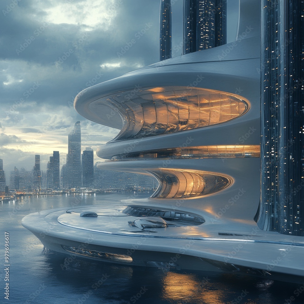 Futuristic Cityscape with Modern Architecture and Water Reflections Futuristic Cityscape with Modern Architecture and Water Reflections