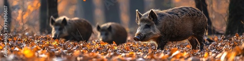 Wallpaper Mural wild boars in the autumn forest. Selective focus Torontodigital.ca