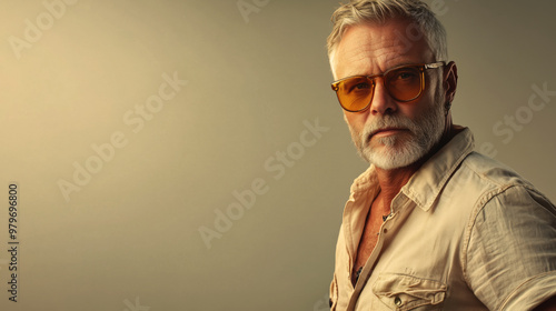 Retraro de hombre mayor con gafas de sol naranjas y con la camisa abierta. Posando con un aspecto atractivo, atrevido y desenfadado.