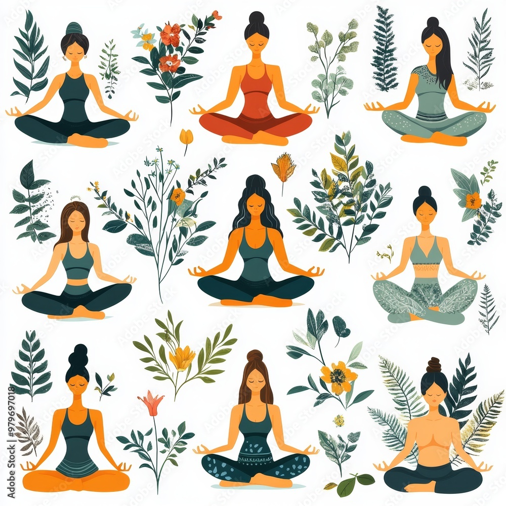 Diverse Women Practicing Yoga in Lotus Pose Surrounded by Flowers and Plants