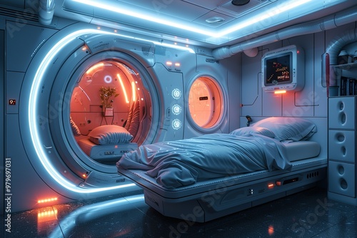 Fototapeta Naklejka Na Ścianę i Meble -  A futuristic space station with a bed in the middle of it