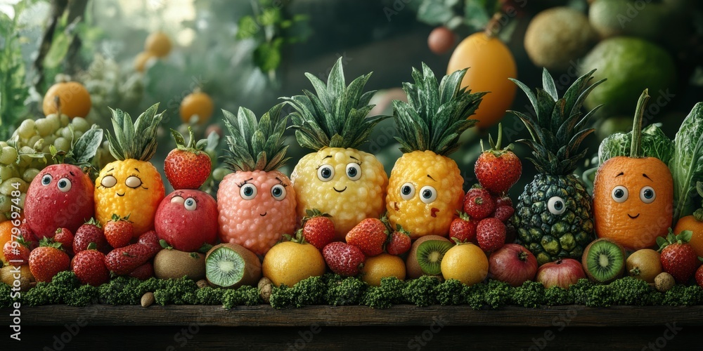 An imaginative urban setting where friendly fruits and veggies bring magic and excitement to the city An imaginative urban setting where friendly fruits and veggies bring magic and excitement to the city