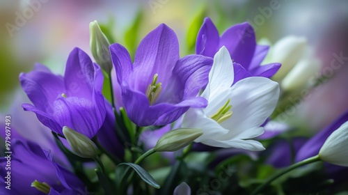 Vibrant close-up of purple and white flowers in full bloom, capturing delicate petals and natural beauty.