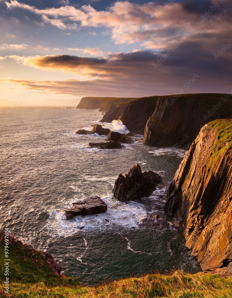 Dramatic coastal cliffs and rock formations under a cloudy sunset sky Dramatic coastal cliffs and rock formations under a cloudy sunset sky