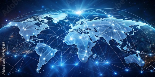 Abstract Global Network with a Luminous World Map and Detailed Data Transfer Connections, Depicting Seamless International Connectivity